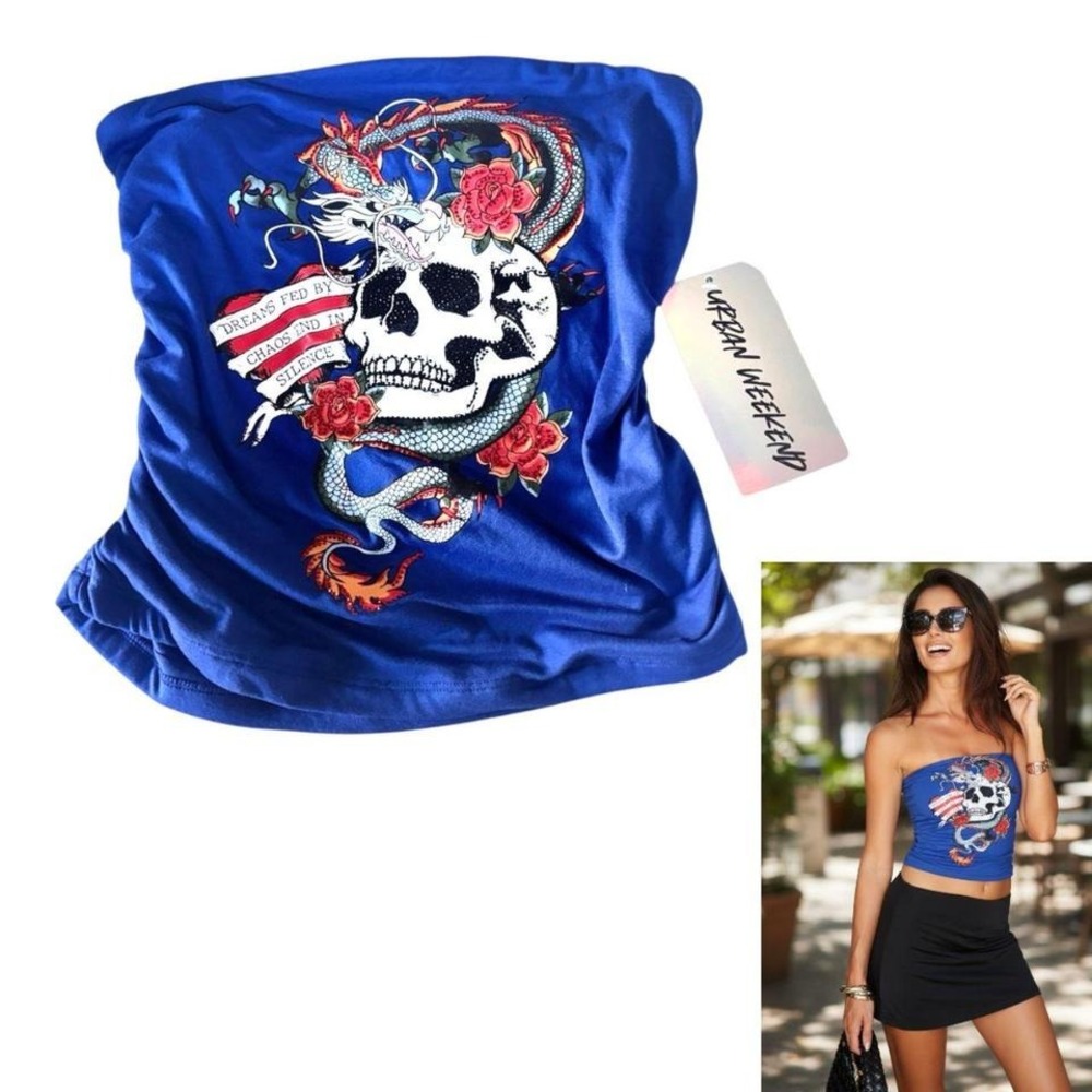 Y2K SKULL TATTOO DRAGON RHINESTONE‎ ROYAL BLUE TUBE TOP SIZE S/M NWT